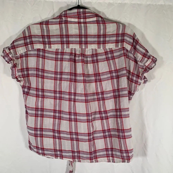 Paige Blouse Women’s Medium Plaid Short Sleeve Button Up Vneck Tie Top - Picture 8 of 9